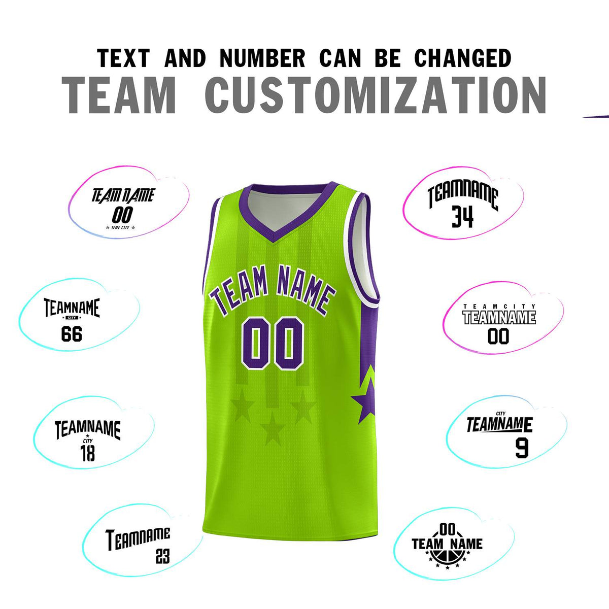 Custom Neon Green Purple and White Gradient Star Graffiti Pattern Sports Uniform Basketball Jersey