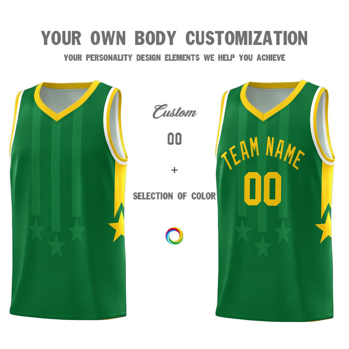 Custom Kelly Green Gold and White Gradient Star Graffiti Pattern Sports Uniform Basketball Jersey