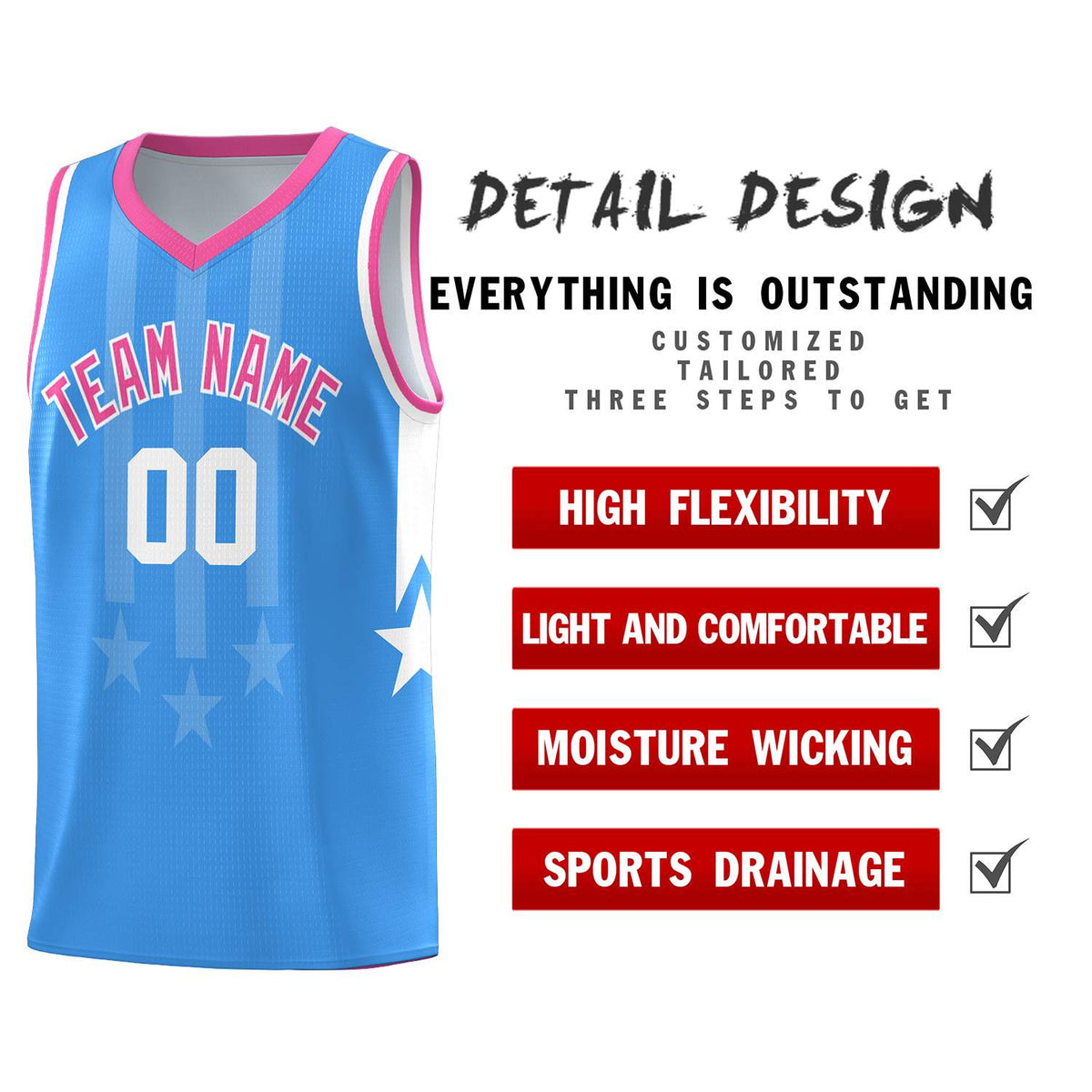 Custom Powder Blue Pink and White Gradient Star Graffiti Pattern Sports Uniform Basketball Jersey