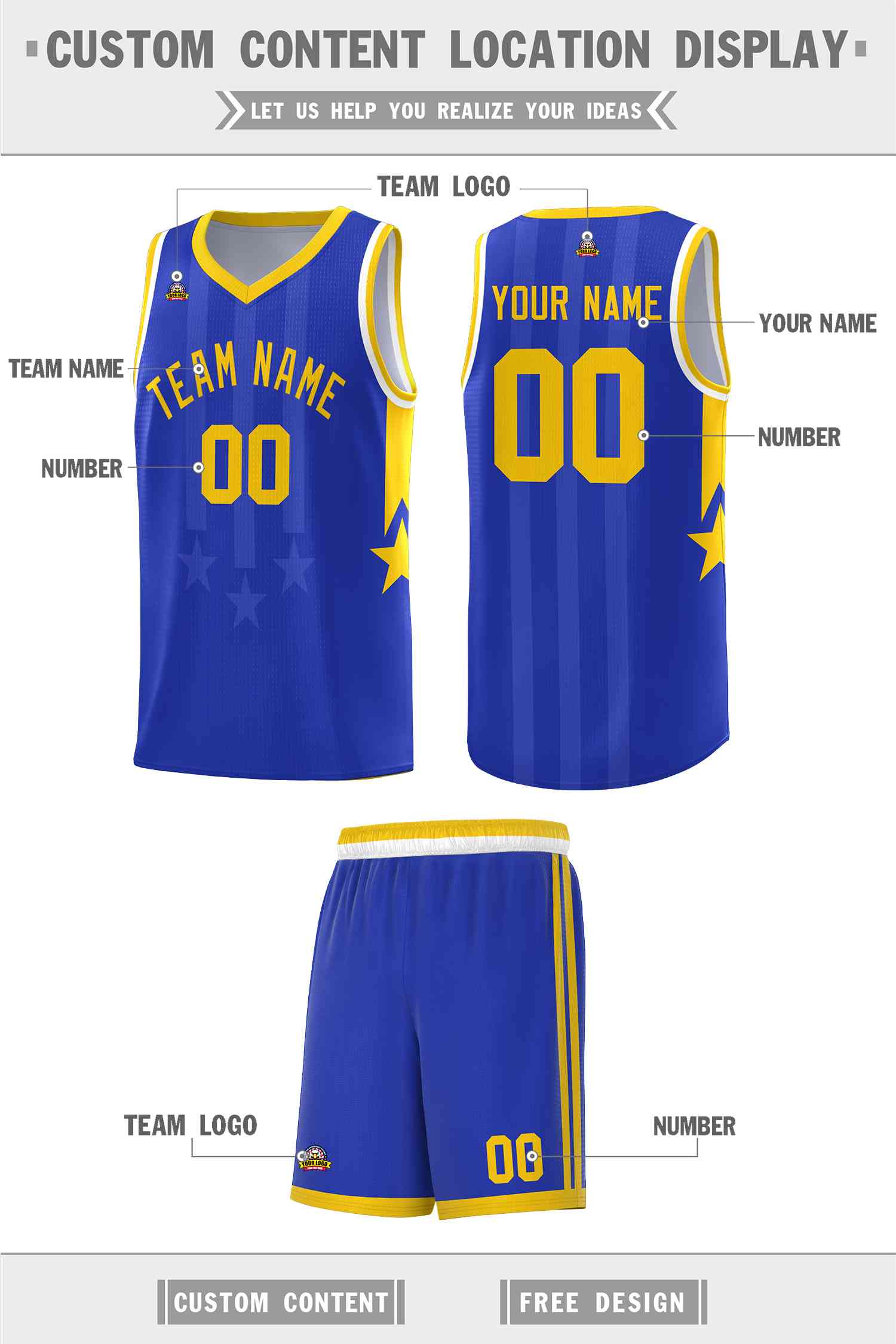 Custom Royal Gold and White Gradient Star Graffiti Pattern Sports Uniform Basketball Jersey