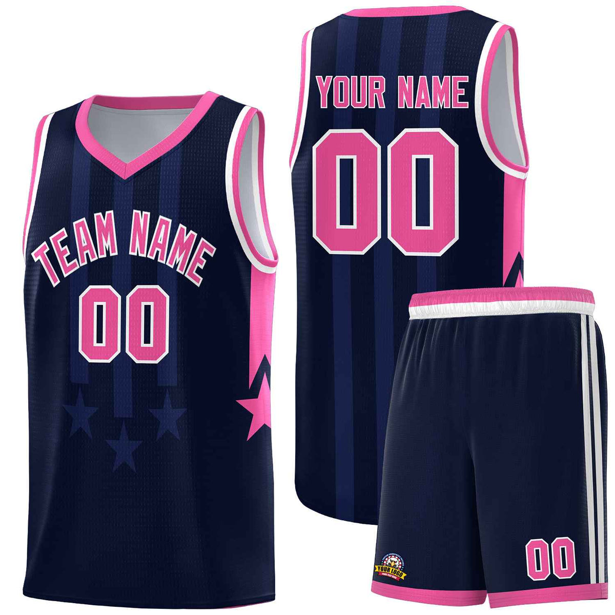 Custom Navy Pink and White Gradient Star Graffiti Pattern Sports Uniform Basketball Jersey