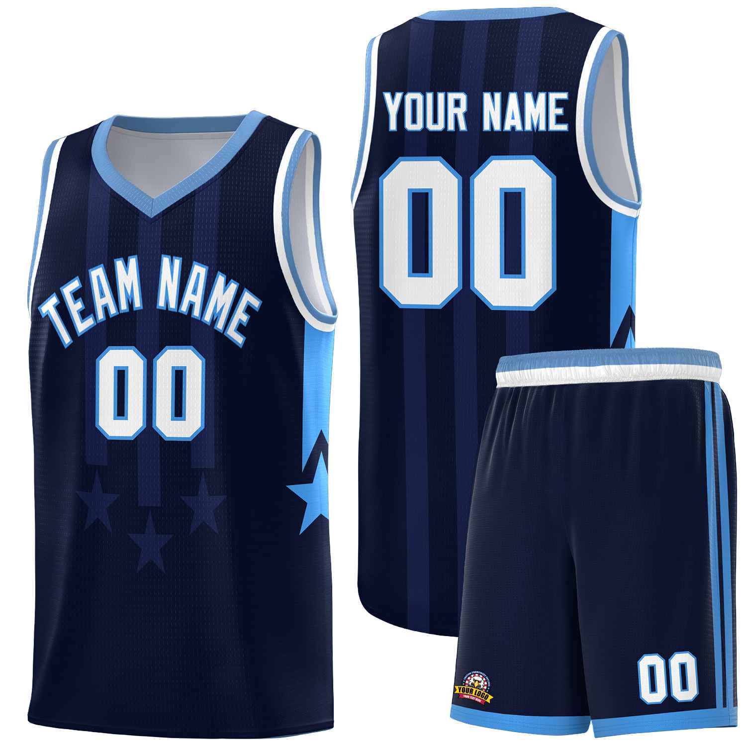 Custom Navy Light Blue and White Gradient Star Graffiti Pattern Sports Uniform Basketball Jersey