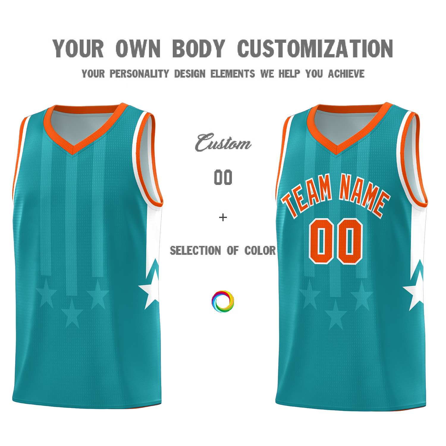 Custom Aqua Orange and White Gradient Star Graffiti Pattern Sports Uniform Basketball Jersey