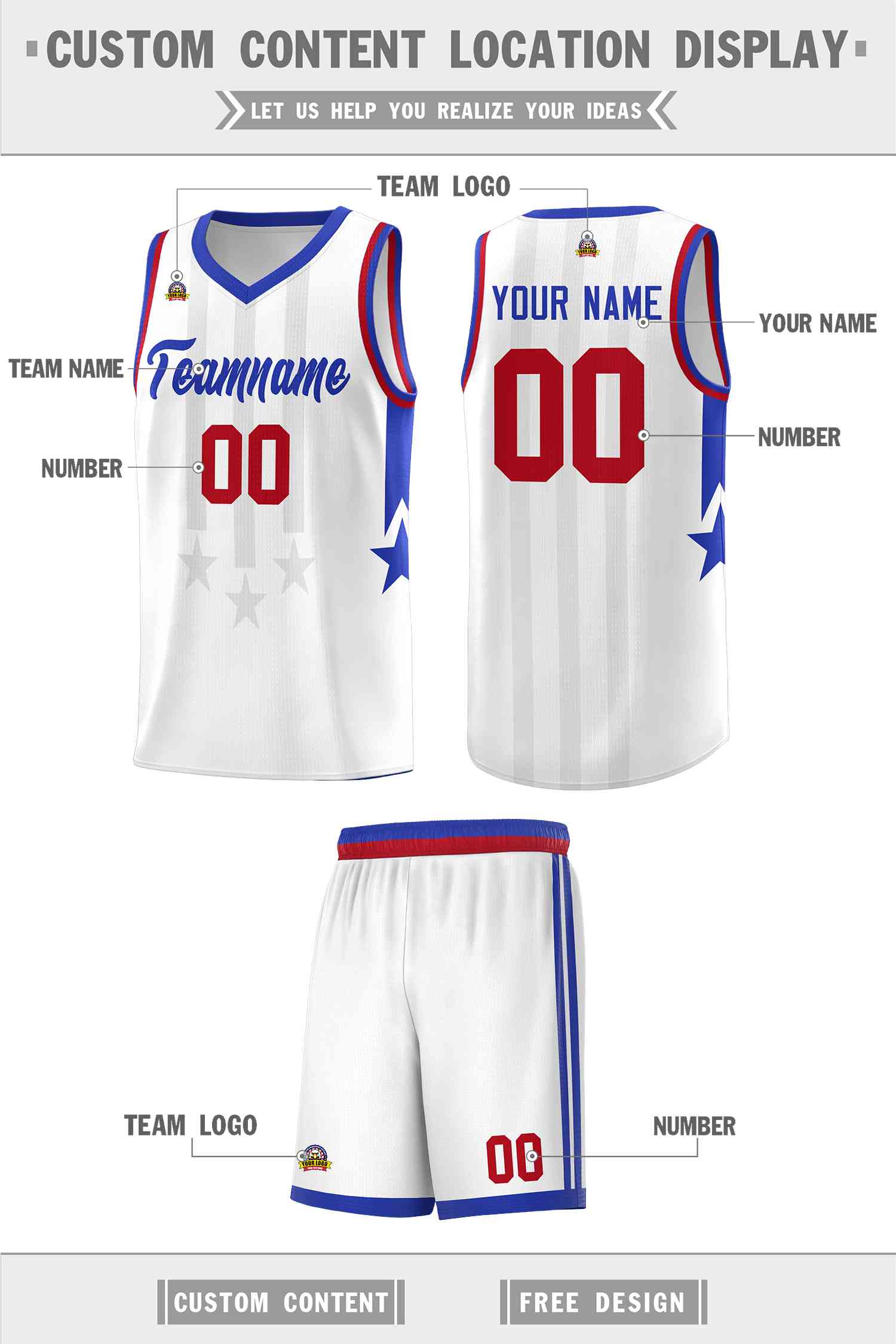 Custom White Royal and Red Gradient Star Graffiti Pattern Sports Uniform Basketball Jersey