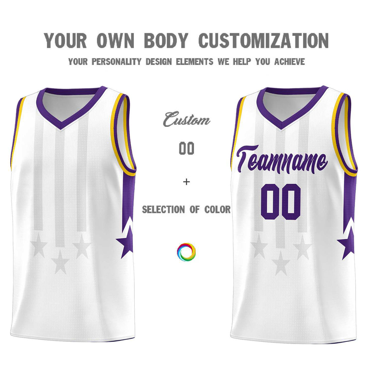 Custom White Purple and Gold Gradient Star Graffiti Pattern Sports Uniform Basketball Jersey