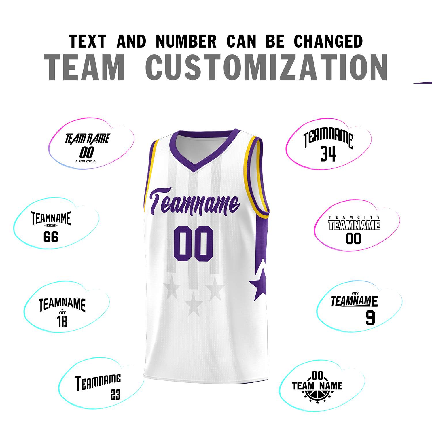 Custom White Purple and Gold Gradient Star Graffiti Pattern Sports Uniform Basketball Jersey