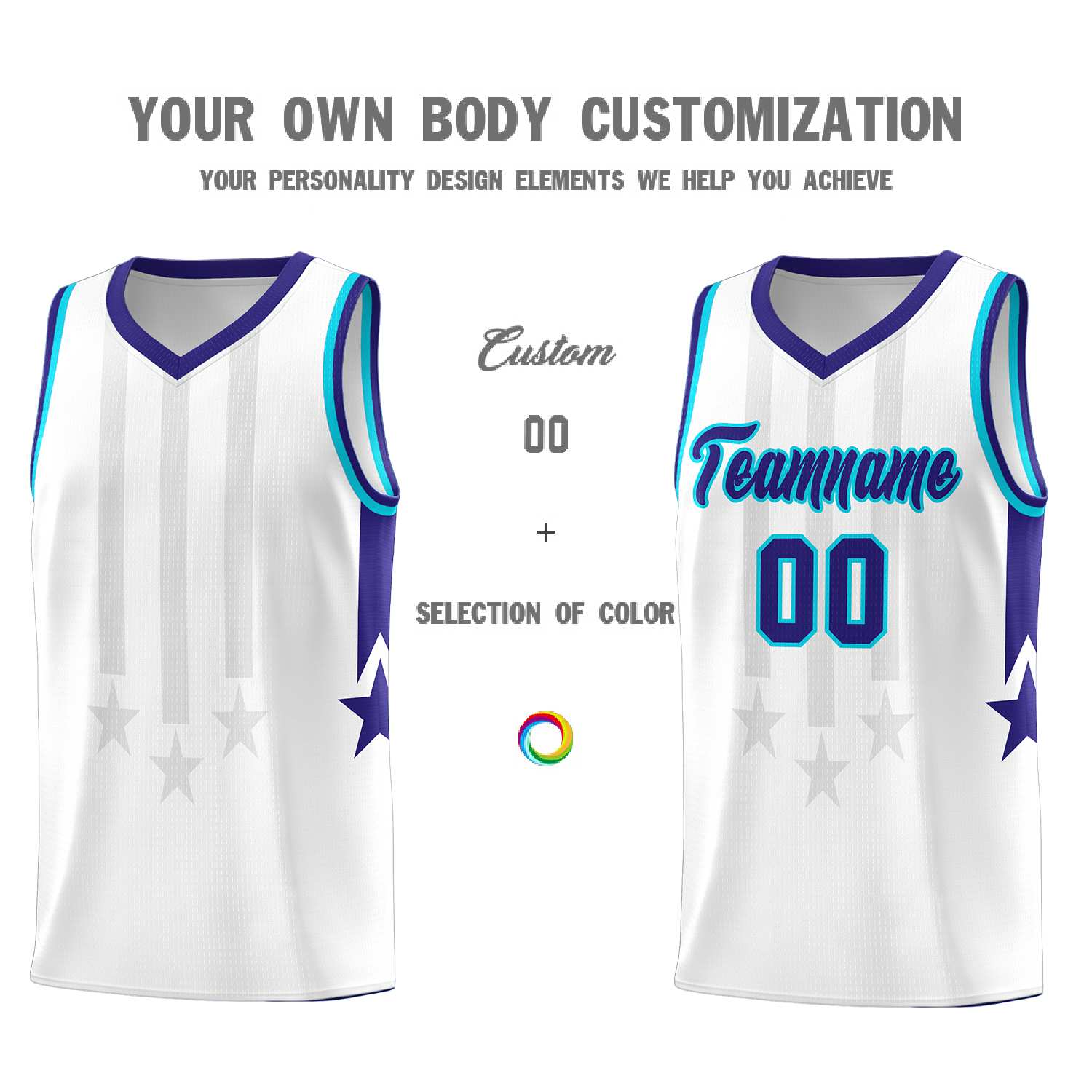 Custom White Purple and Sky Blue Gradient Star Graffiti Pattern Sports Uniform Basketball Jersey