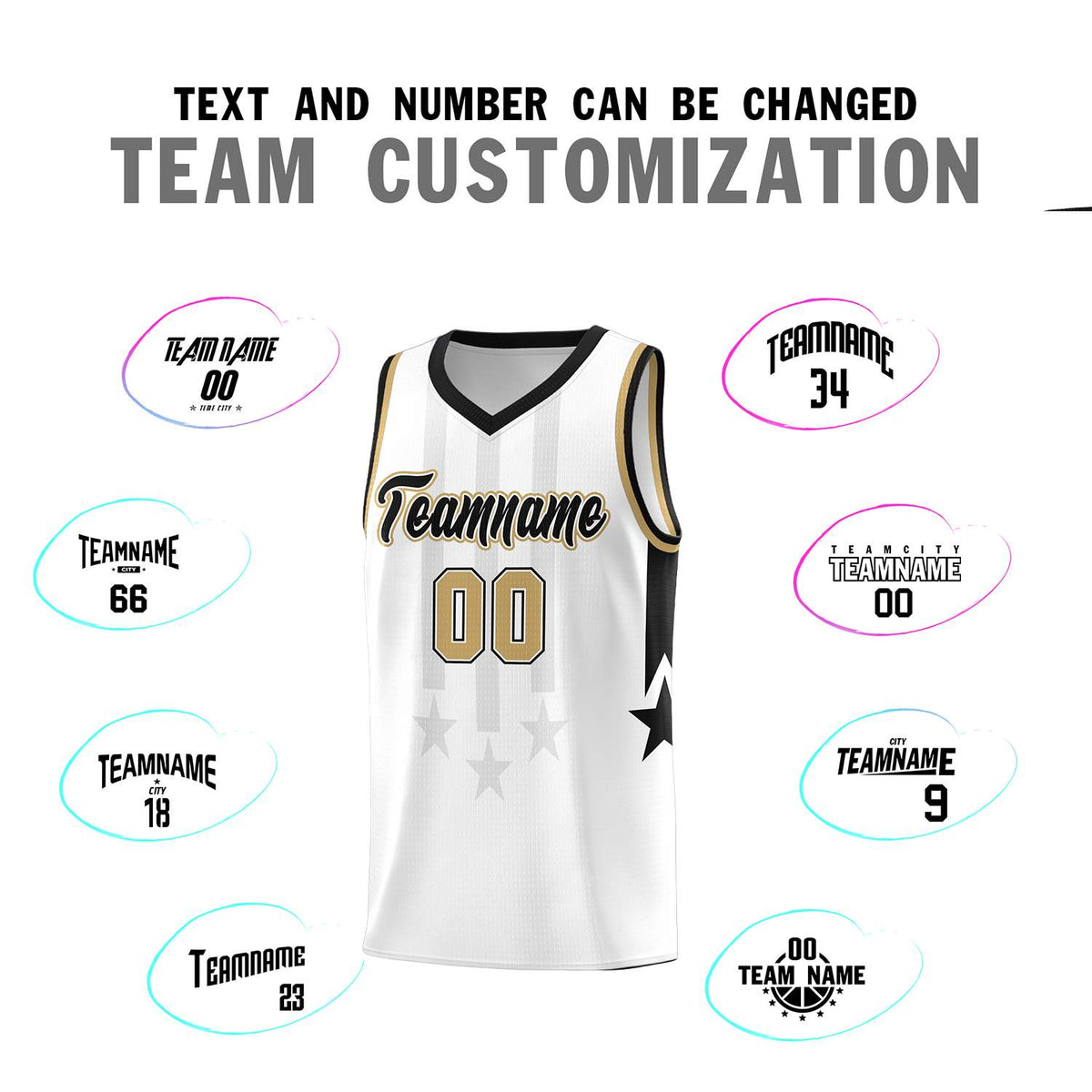 Custom White Black and Old Gold Gradient Star Graffiti Pattern Sports Uniform Basketball Jersey