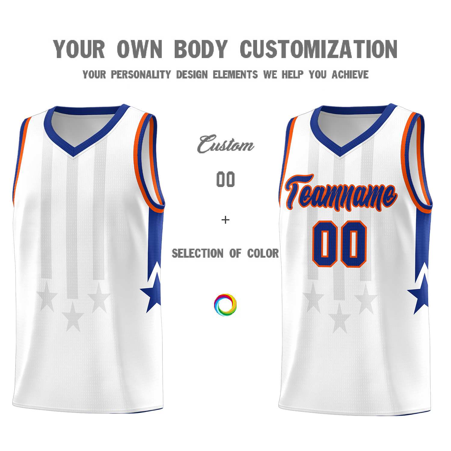 Custom White Royal and Orange Gradient Star Graffiti Pattern Sports Uniform Basketball Jersey