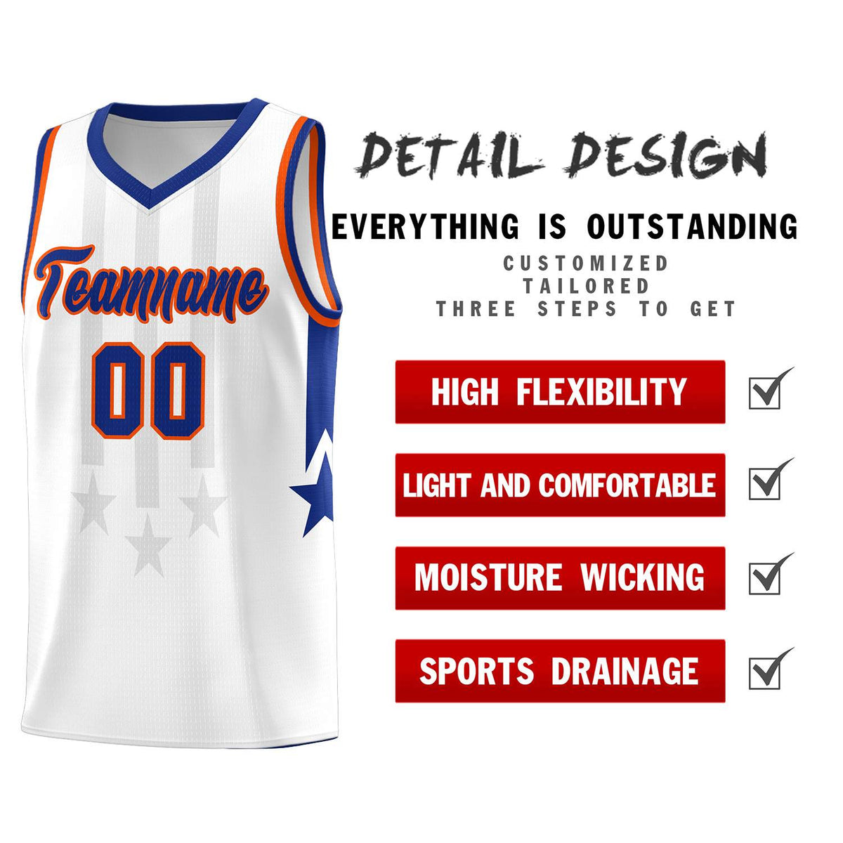 Custom White Royal and Orange Gradient Star Graffiti Pattern Sports Uniform Basketball Jersey