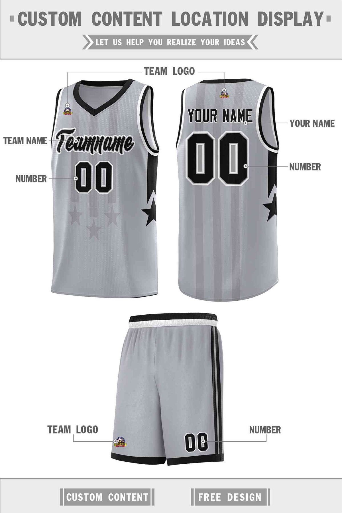 Custom Gray Black and White Gradient Star Graffiti Pattern Sports Uniform Basketball Jersey