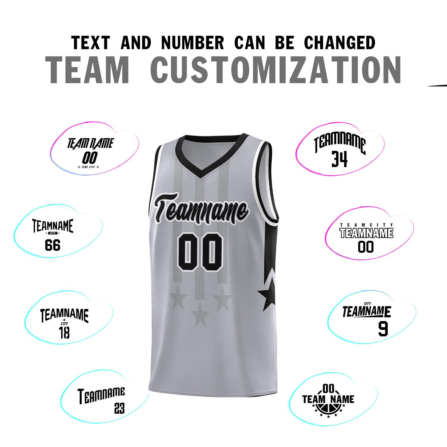 Custom Gray Black and White Gradient Star Graffiti Pattern Sports Uniform Basketball Jersey