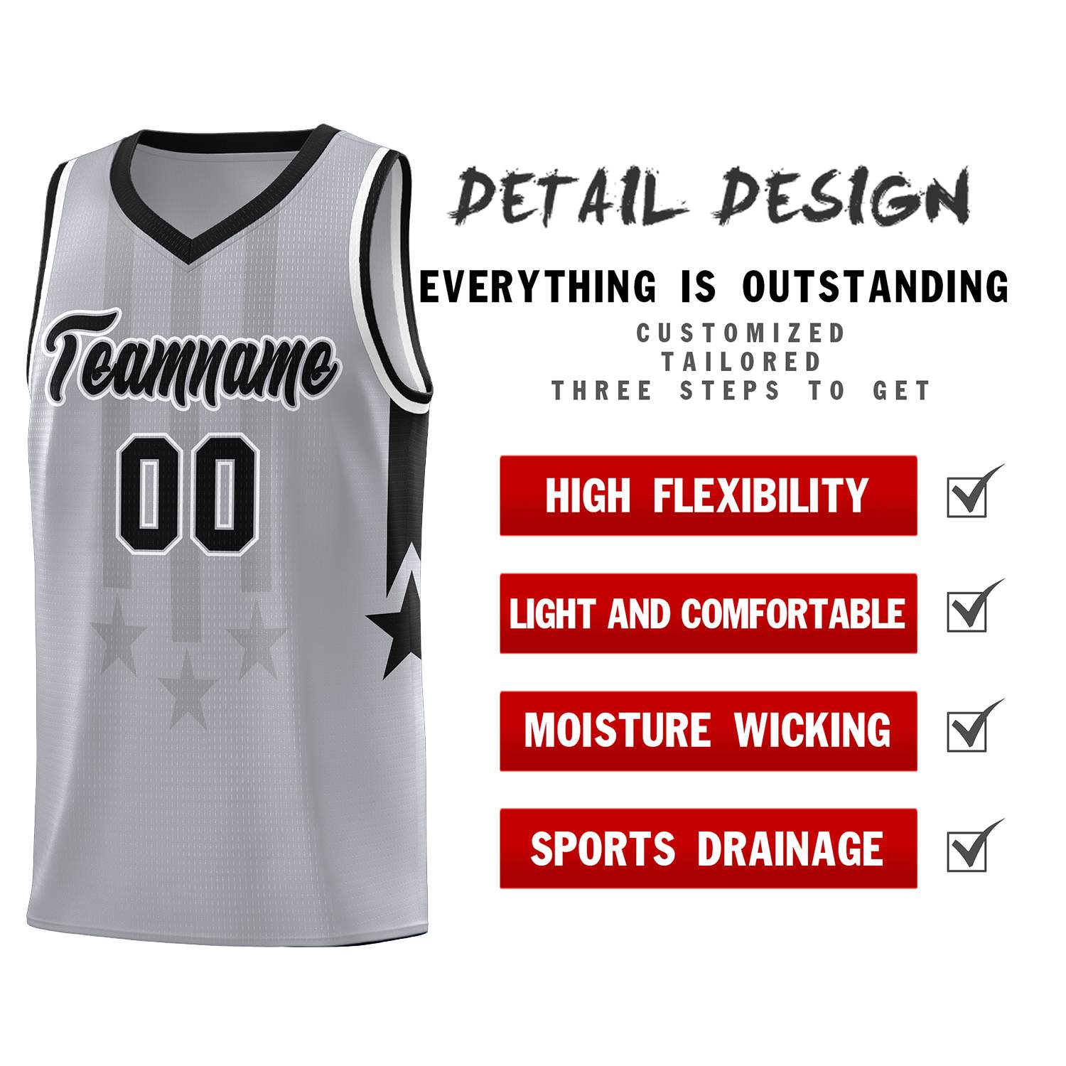 Custom Gray Black and White Gradient Star Graffiti Pattern Sports Uniform Basketball Jersey