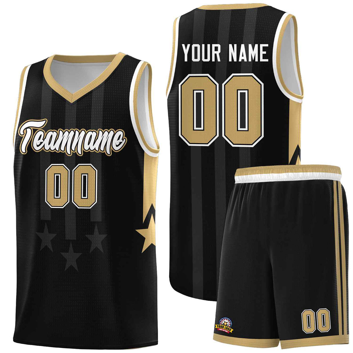 Custom Black Old Gold and White Gradient Star Graffiti Pattern Sports Uniform Basketball Jersey