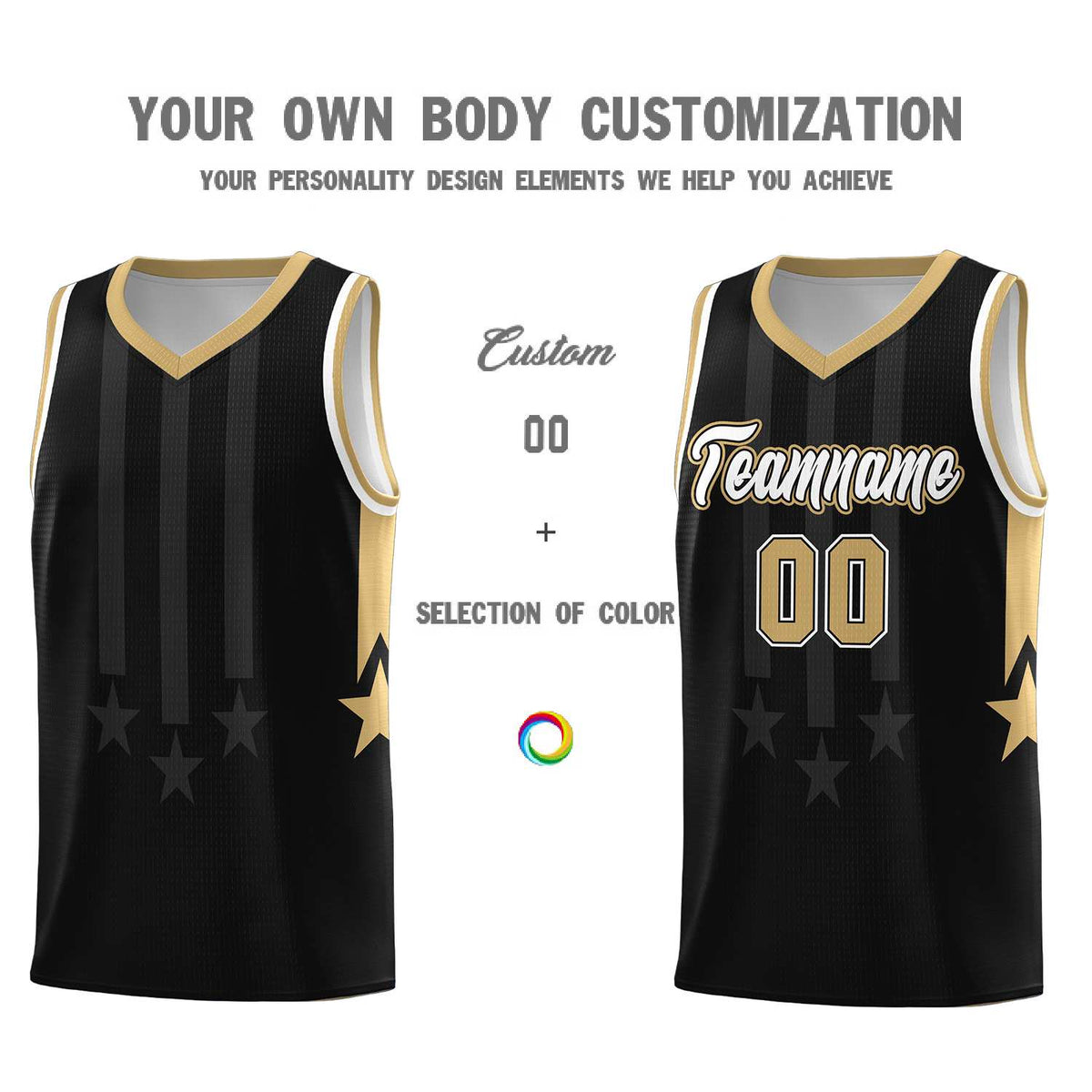 Custom Black Old Gold and White Gradient Star Graffiti Pattern Sports Uniform Basketball Jersey
