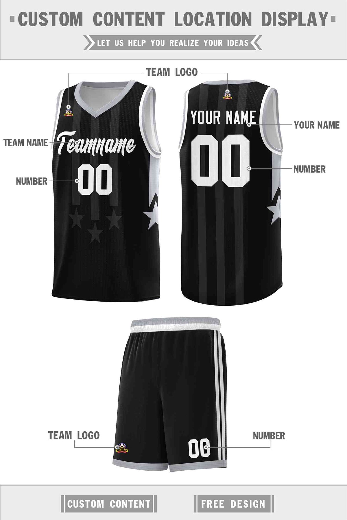 Custom Black Gray and White Gradient Star Graffiti Pattern Sports Uniform Basketball Jersey