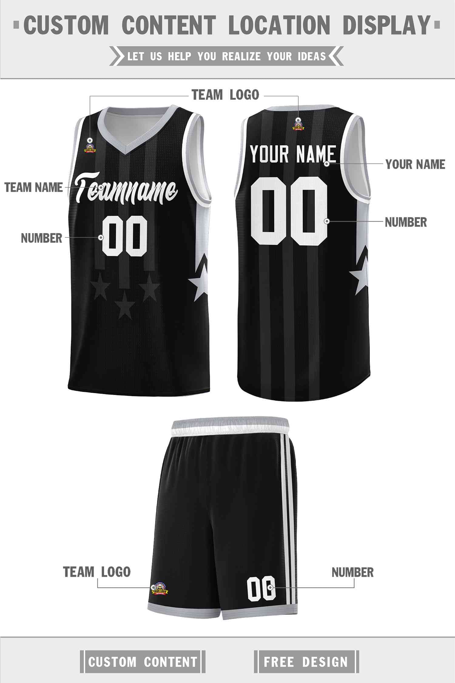 Custom Black Gray and White Gradient Star Graffiti Pattern Sports Uniform Basketball Jersey