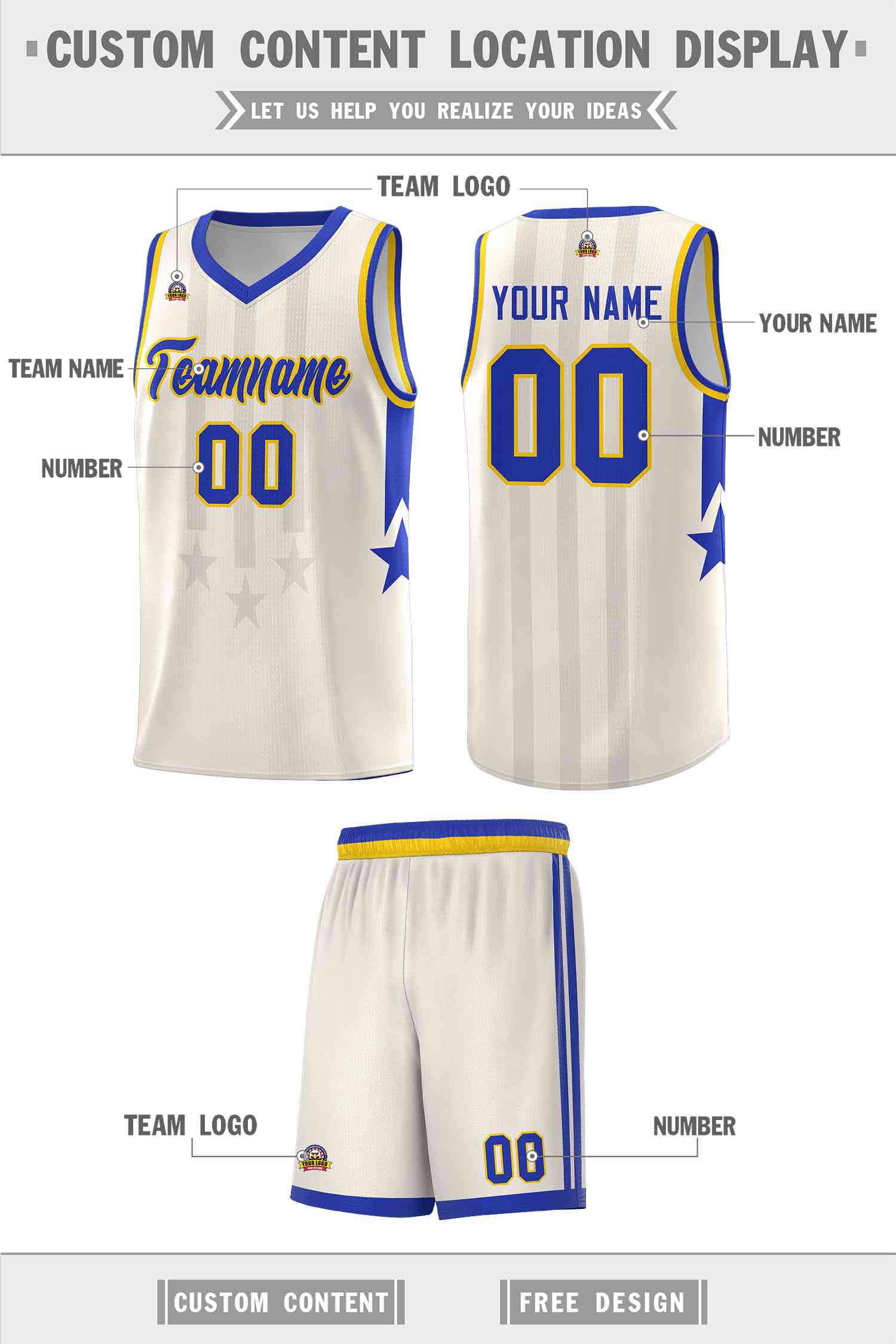 Custom Cream Royal and Gold Gradient Star Graffiti Pattern Sports Uniform Basketball Jersey