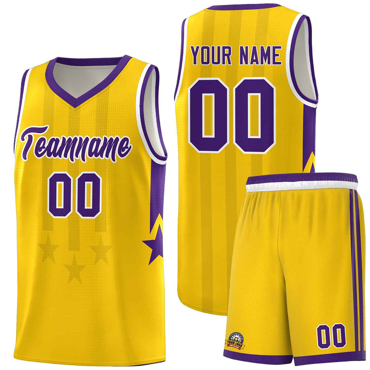 Custom Gold Purple and White Gradient Star Graffiti Pattern Sports Uniform Basketball Jersey