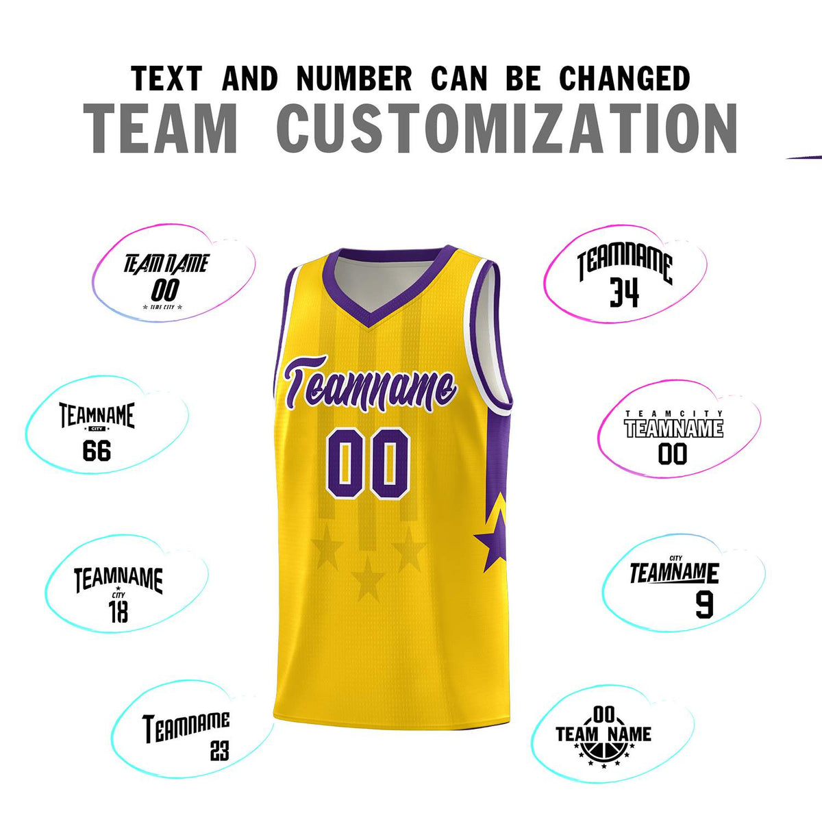 Custom Gold Purple and White Gradient Star Graffiti Pattern Sports Uniform Basketball Jersey