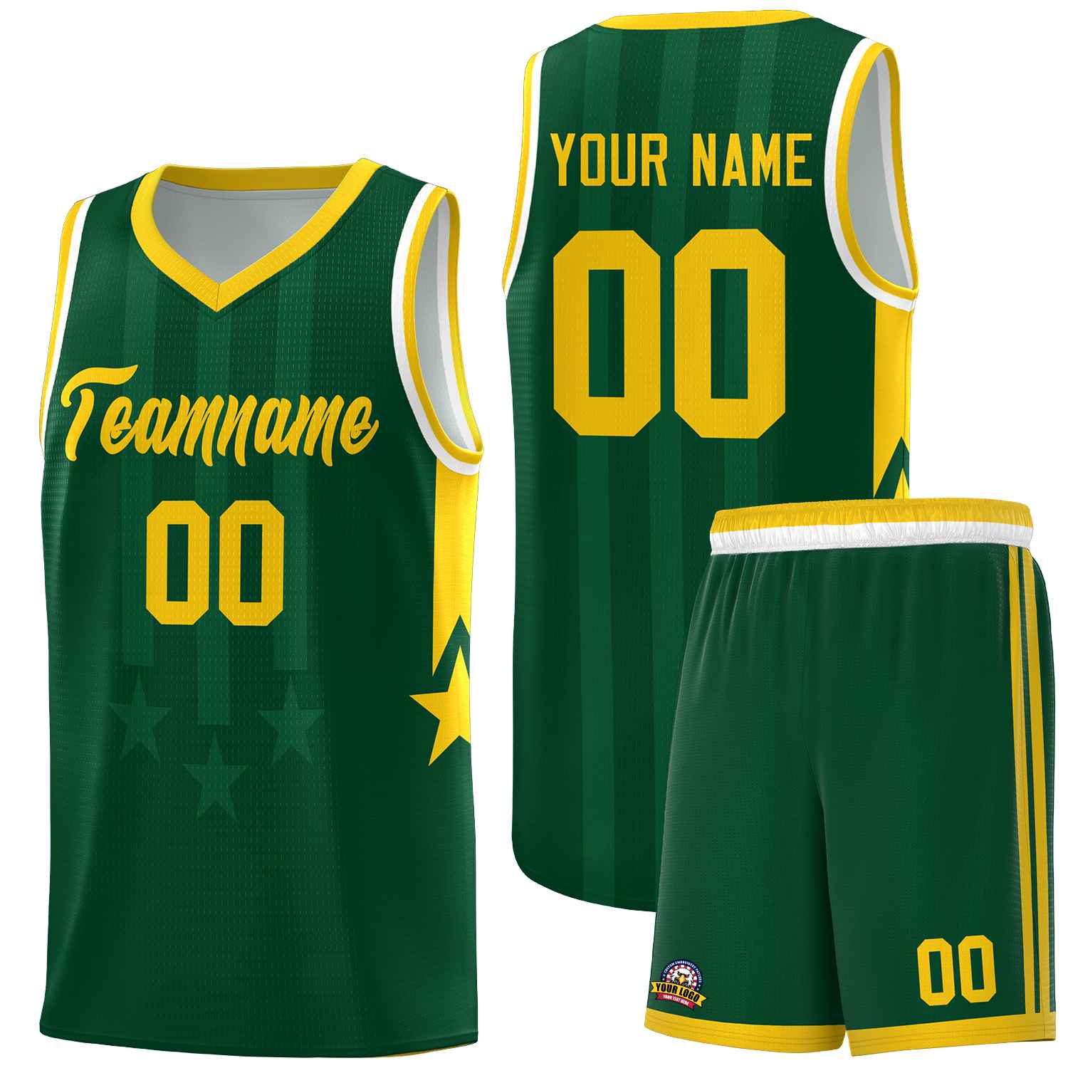 Custom Green Gold and White Gradient Star Graffiti Pattern Sports Uniform Basketball Jersey
