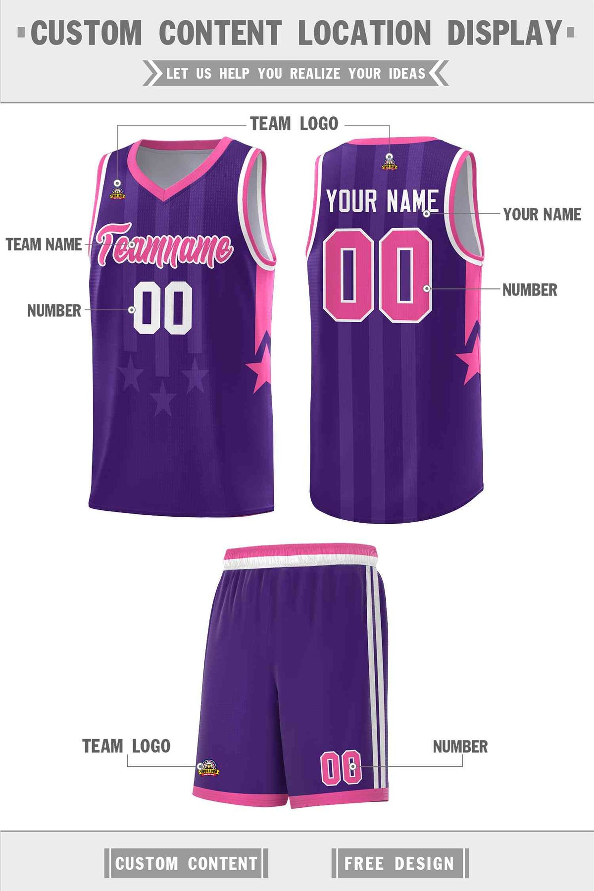 Custom Purple Pink and White Gradient Star Graffiti Pattern Sports Uniform Basketball Jersey