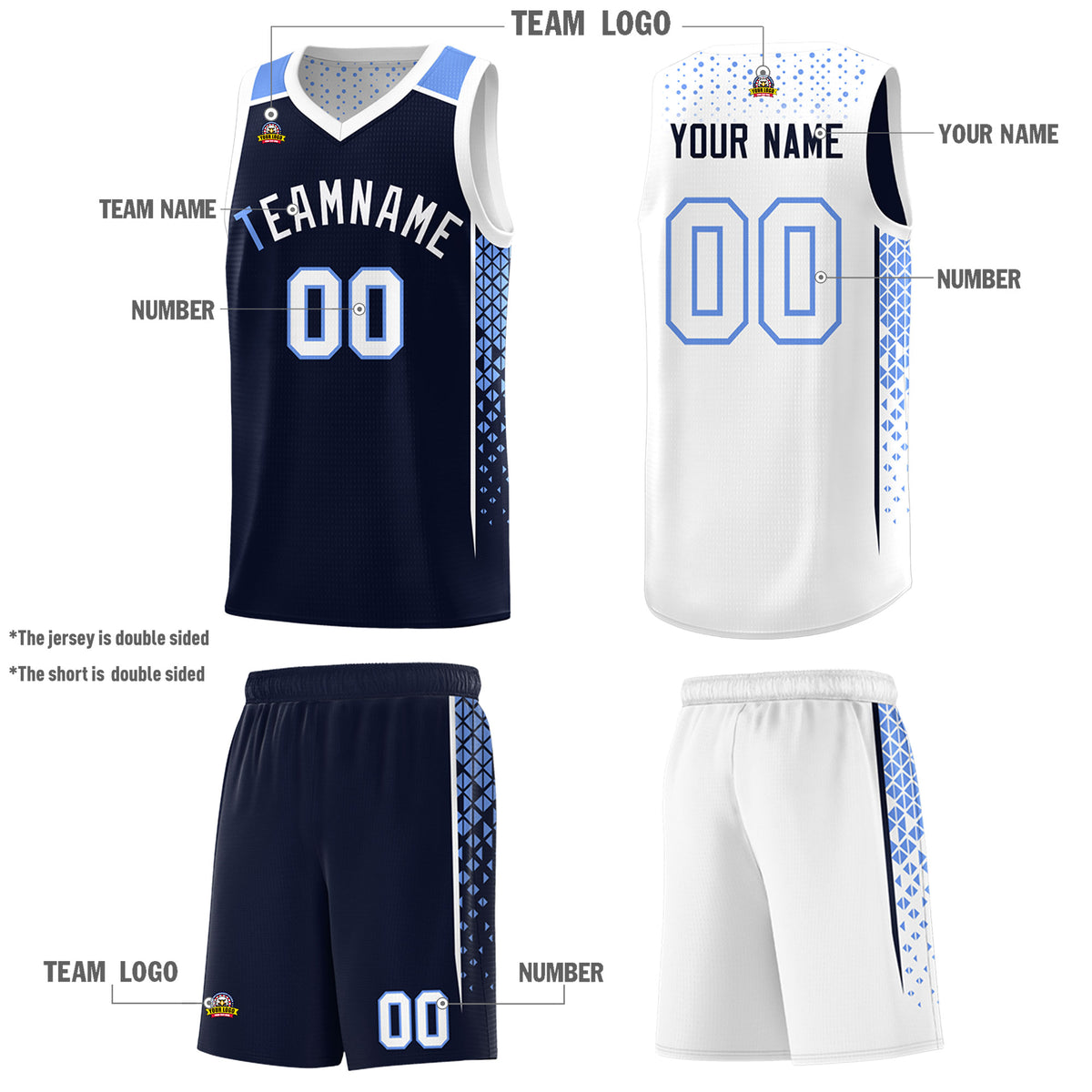 Custom Navy White Side Gradient Patttern Double Side Sports Uniform Basketball Jersey