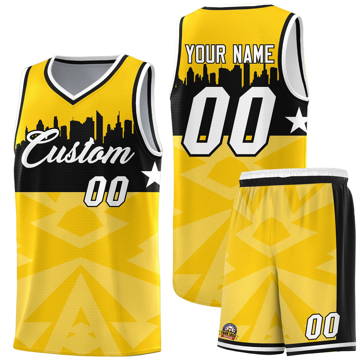 Custom Gold Personalized City Silhouette Pattern Sports Uniform Basketball Jersey