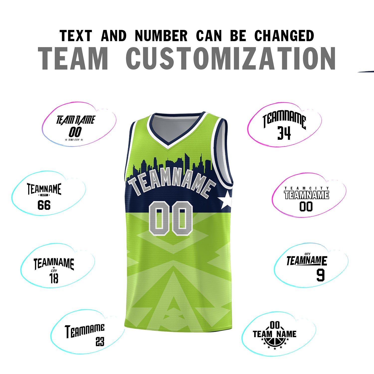 Custom Neon Green Personalized City Silhouette Pattern Sports Uniform Basketball Jersey