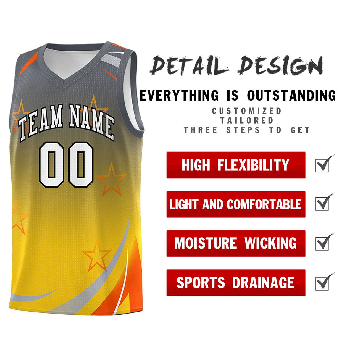 Custom Gray Gold Gradient Star Graffiti Pattern Sports Uniform Basketball Jersey