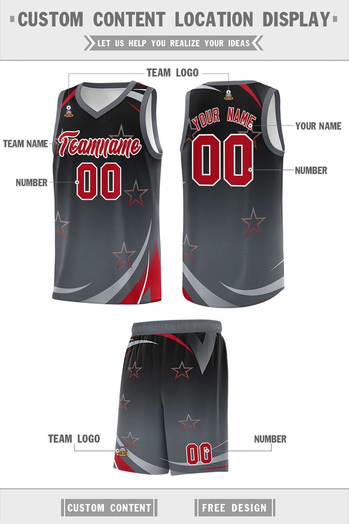 Custom Black Dark Gray Gradient Star Graffiti Pattern Sports Uniform Basketball Jersey