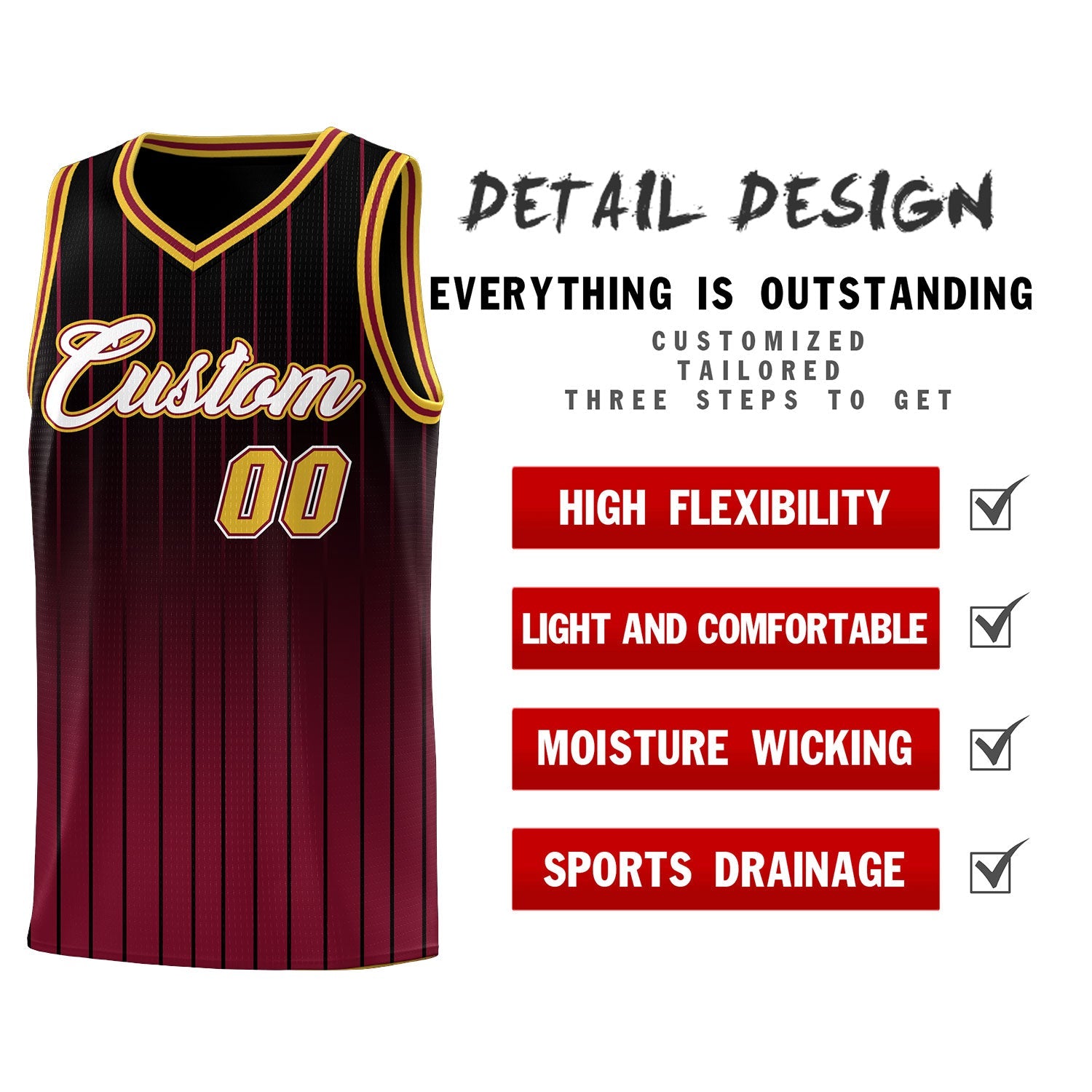 Custom Black Crimson Gradient Fashion Sets Sports Stripe Uniform Basketball Jersey