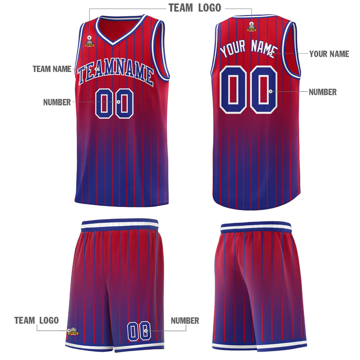 Custom Red Royal Gradient Fashion Sets Sports Stripe Uniform Basketball Jersey