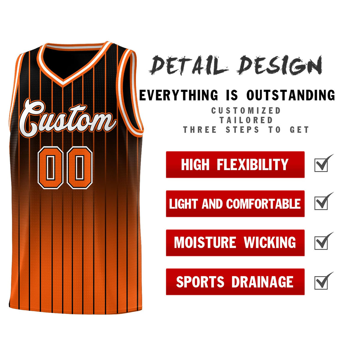 Custom Black Orange Gradient Fashion Sets Sports Stripe Uniform Basketball Jersey