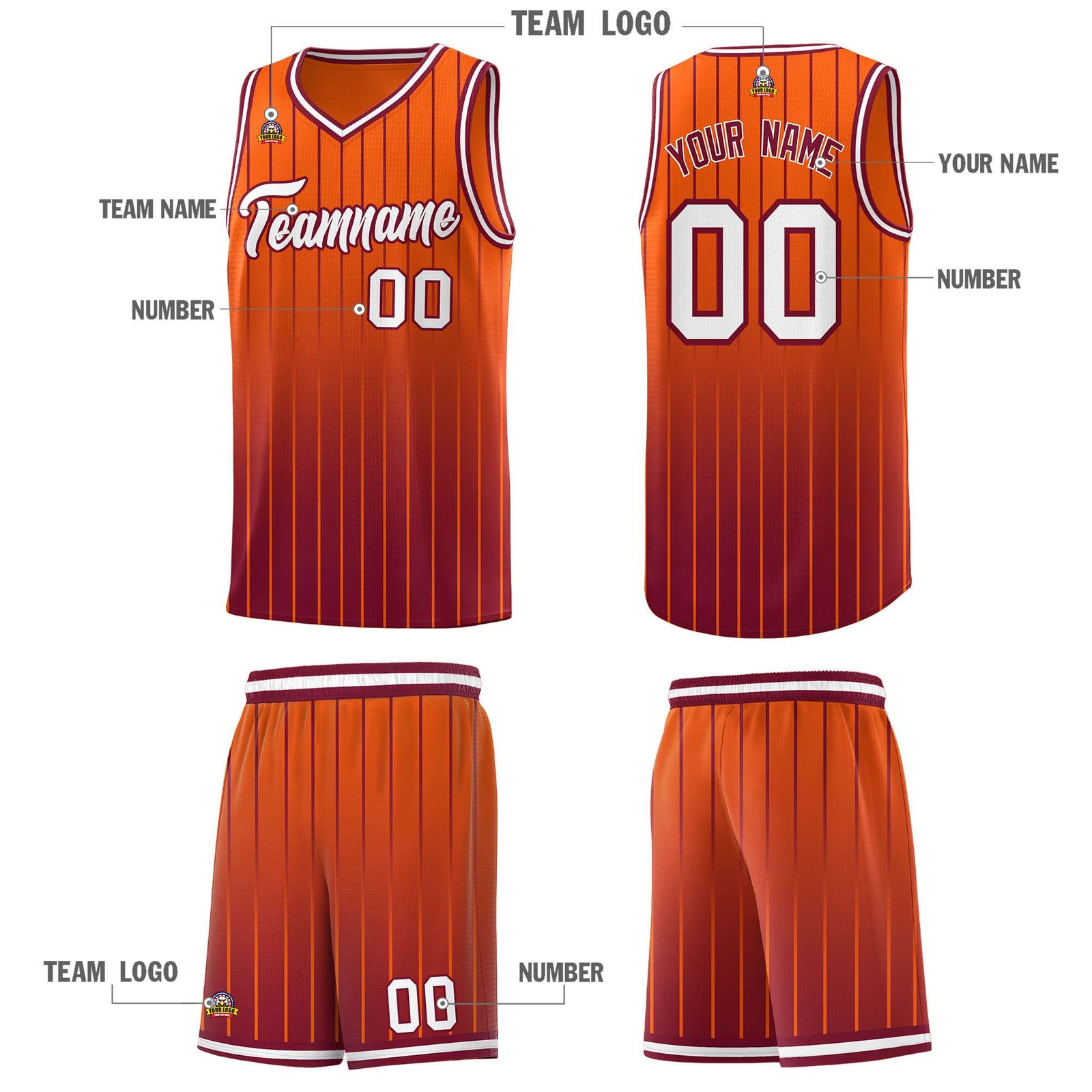 Custom Orange Crimson Gradient Fashion Sets Sports Stripe Uniform Basketball Jersey