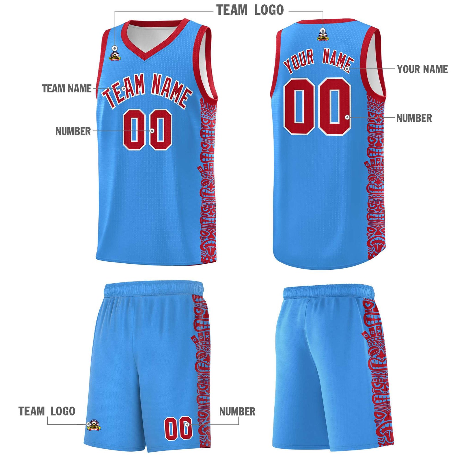 Custom Powder Blue Red Personalized Indians Pattern Sets Sports Uniform Basketball Jersey