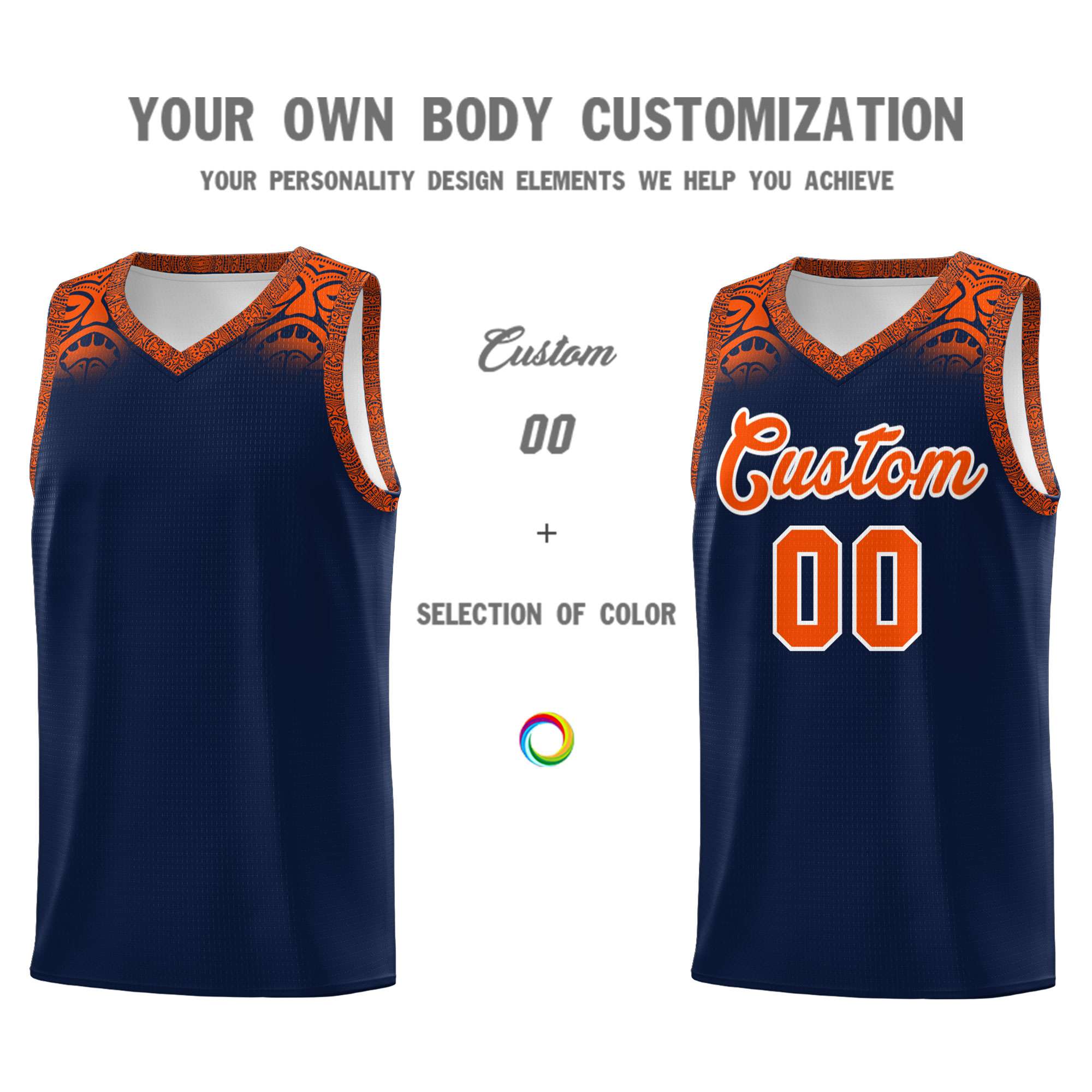 Custom Navy Orange Personalized Indians Print Sets Sports Uniform Basketball Jersey