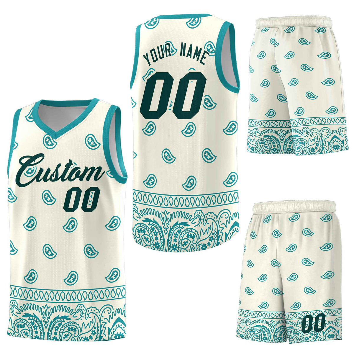 Custom White Aqua Personalized Cashew Pattern Sports Uniform Basketball Jersey