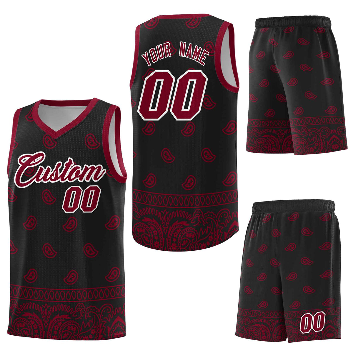 Custom Black Crimson Personalized Cashew Pattern Sports Uniform Basketball Jersey