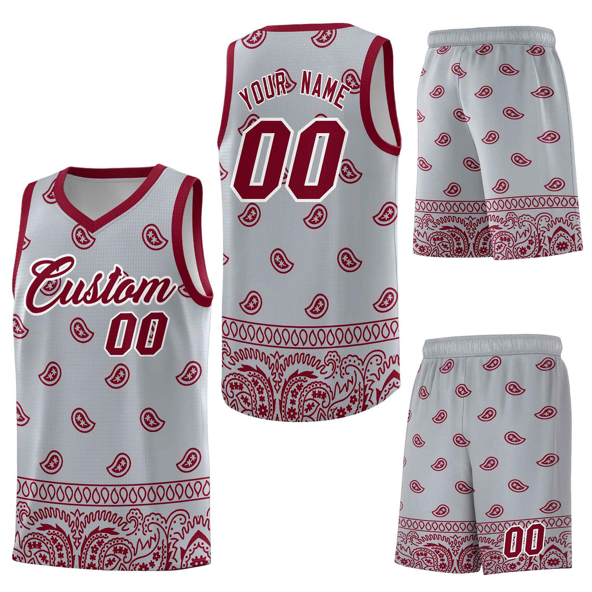 Custom Gray Crimson Personalized Cashew Pattern Sports Uniform Basketball Jersey