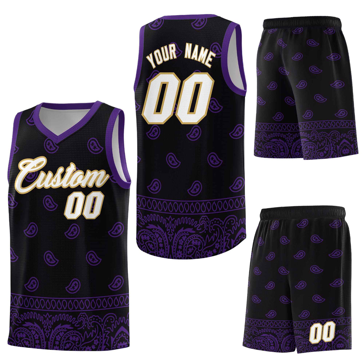 Custom Black Purple Personalized Cashew Pattern Sports Uniform Basketball Jersey