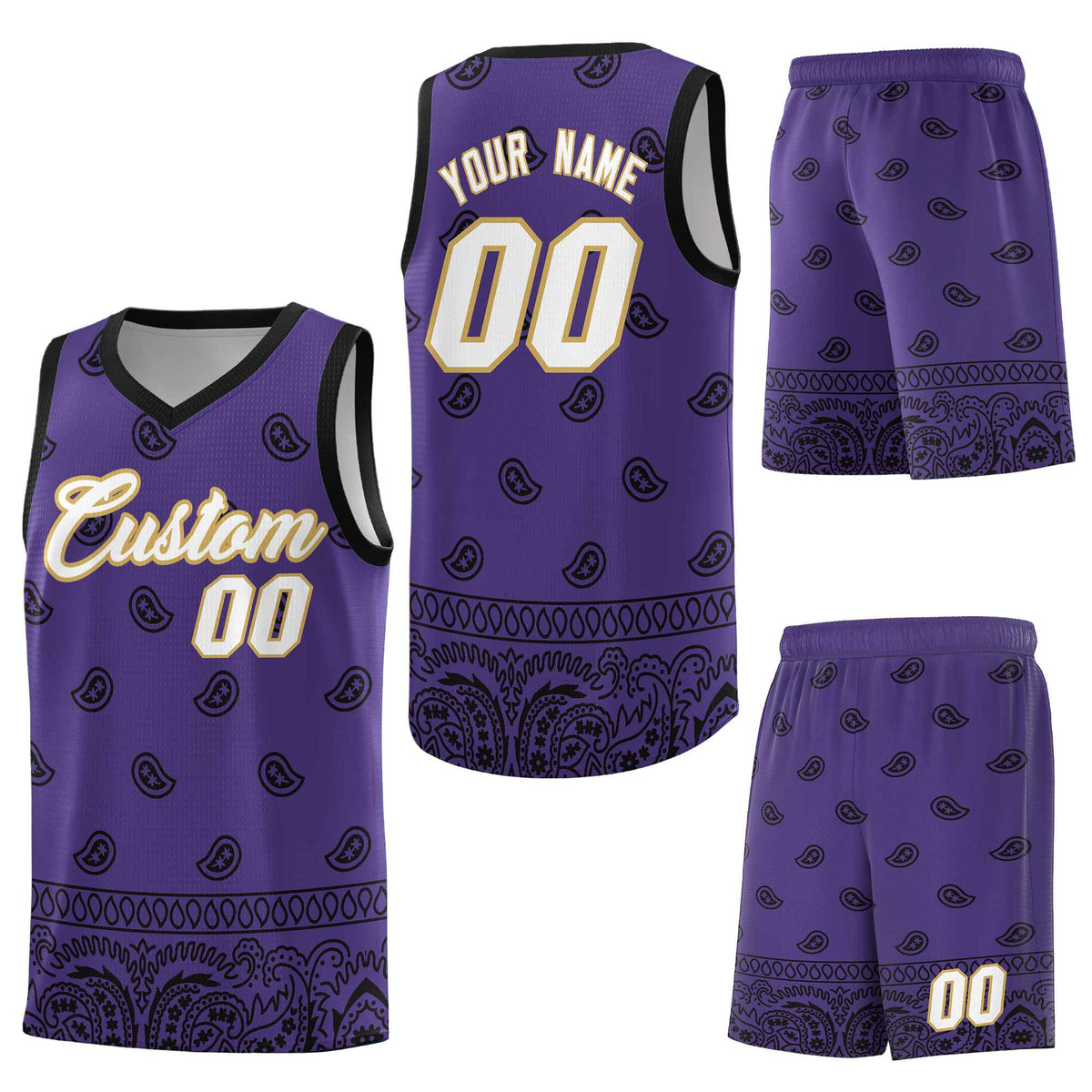Custom Purple Black Personalized Cashew Pattern Sports Uniform Basketball Jersey