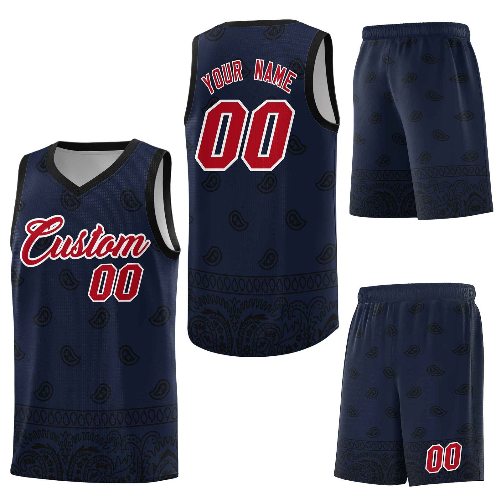Custom Navy Black Personalized Cashew Pattern Sports Uniform Basketball Jersey