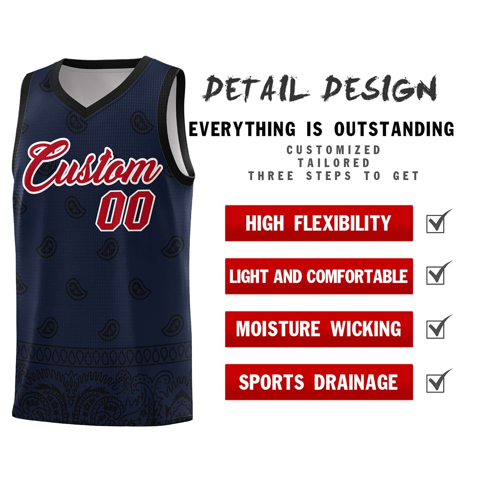 Custom Navy Black Personalized Cashew Pattern Sports Uniform Basketball Jersey