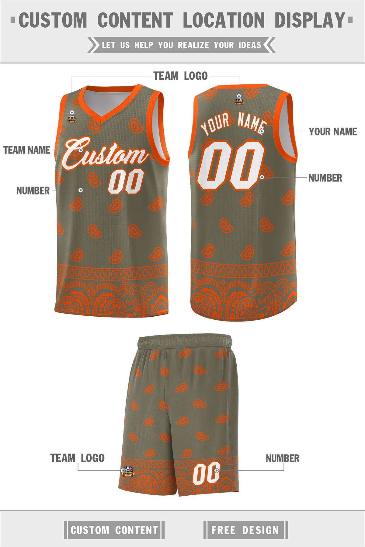 Custom Olive Orange Personalized Cashew Pattern Sports Uniform Basketball Jersey