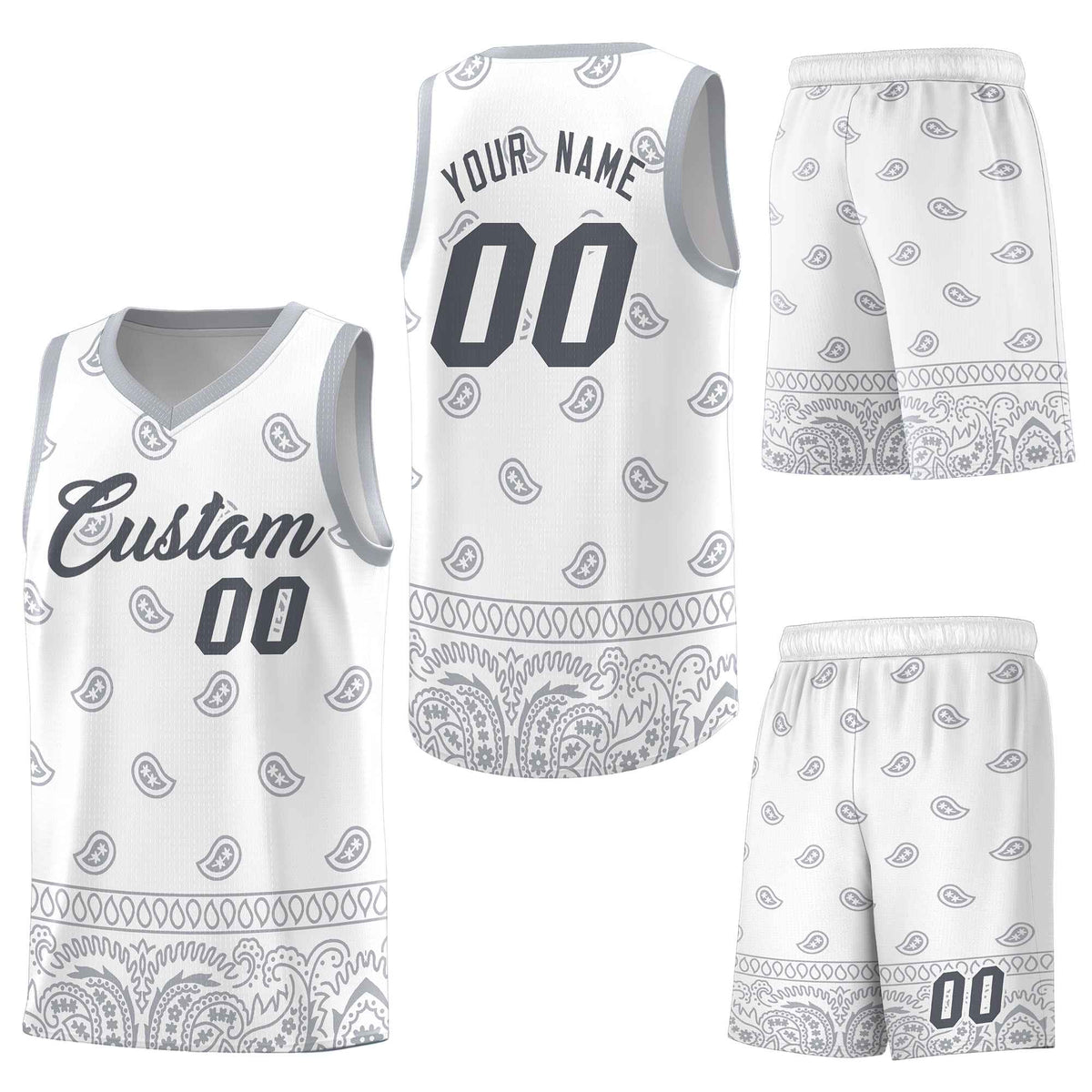 Custom White Gray Personalized Cashew Pattern Sports Uniform Basketball Jersey
