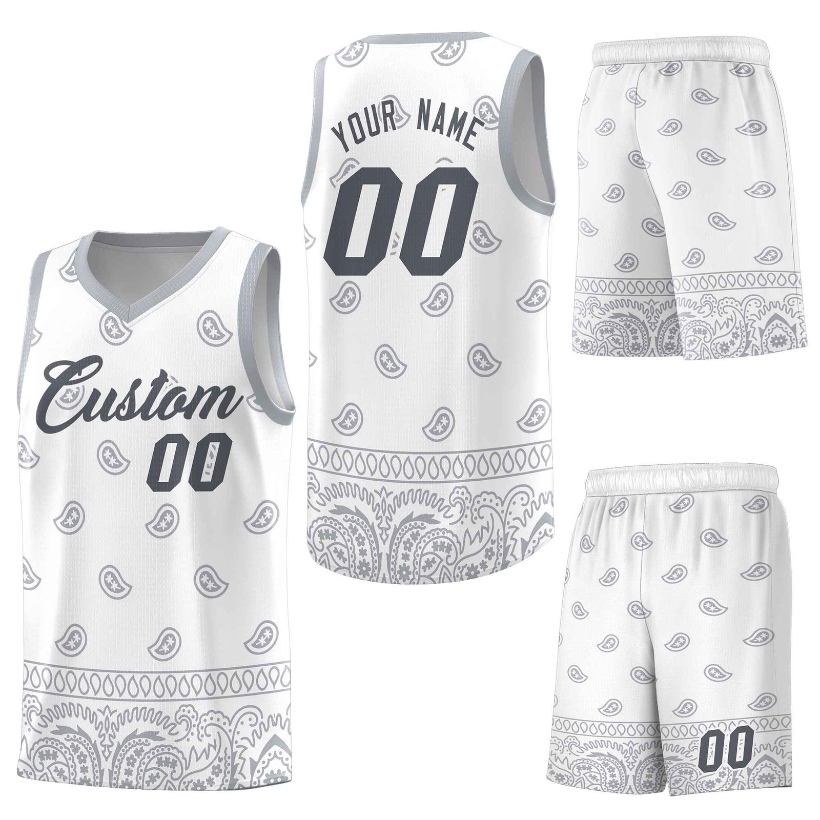 Custom White Gray Personalized Cashew Pattern Sports Uniform Basketball Jersey