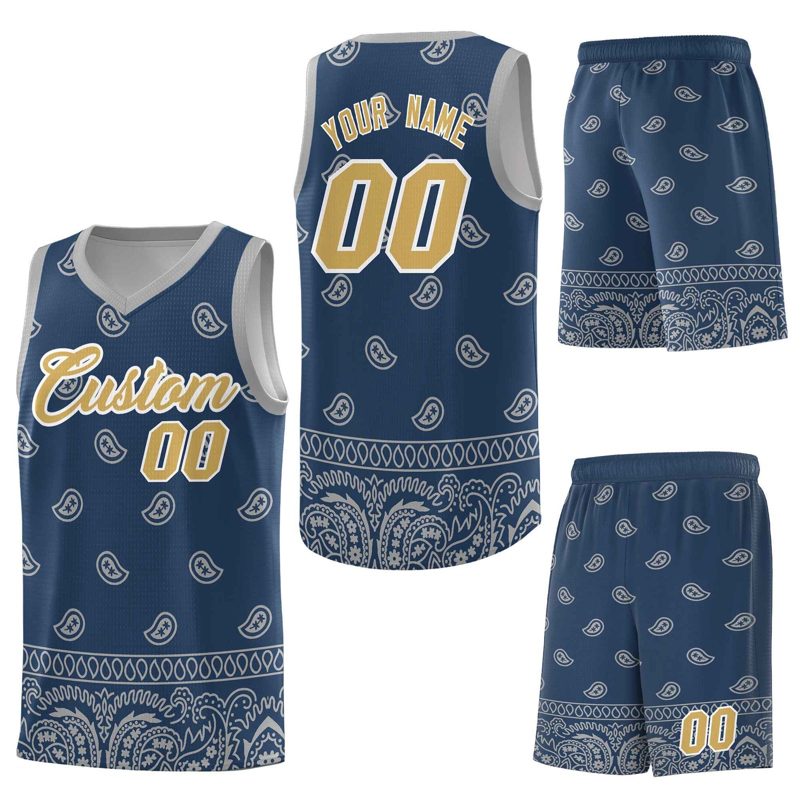 Custom Midnight Blue Gray Personalized Cashew Pattern Sports Uniform Basketball Jersey