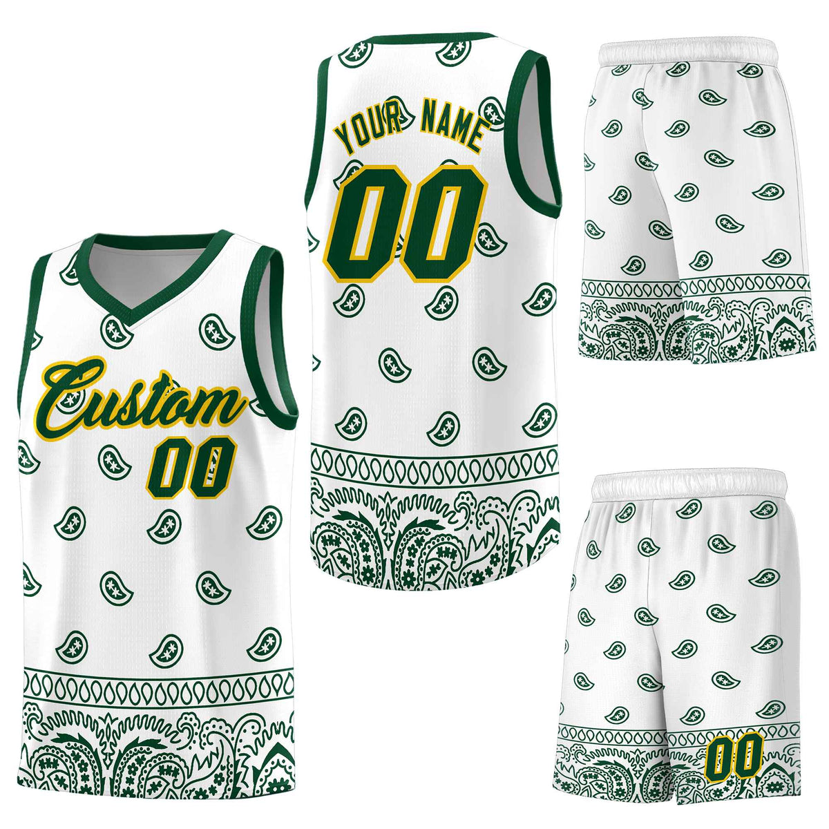 Custom Green White Personalized Cashew Pattern Sports Uniform Basketball Jersey