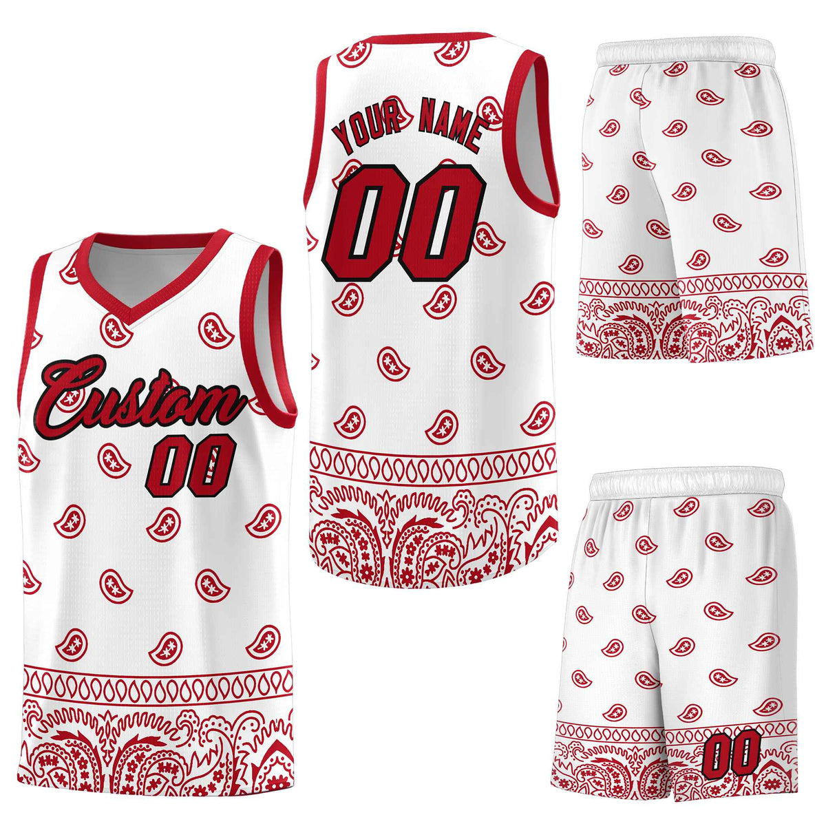 Custom White Red Personalized Cashew Pattern Sports Uniform Basketball Jersey